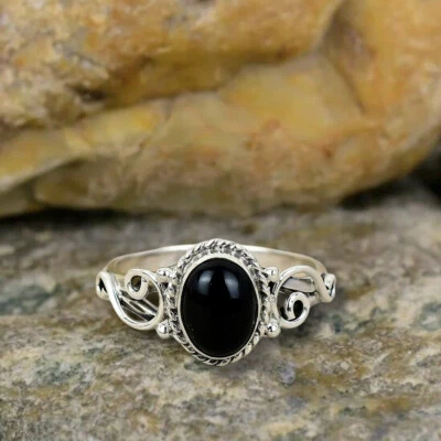 Joia de pedra preciosa anel ônix preto natural prata esterlina 925 sólida para ela E 15 - Imagem 1 de 4