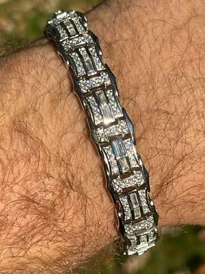 Brazalete de circonita cúbica baguette helada de plata esterlina 925 real para hombre Foto 1 de 4