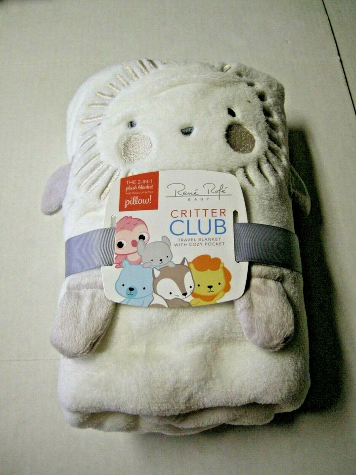 Manta de viaje Critter Club con bolsillo de Rene Rofe, blanca, enrollable en almohada, nueva Foto 1 de 1