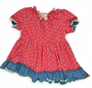 Matilda Jane Girls Dress 8 Blue Pink Apples Short Sleeve Ruffle Trim Stretch - Picture 1 of 7