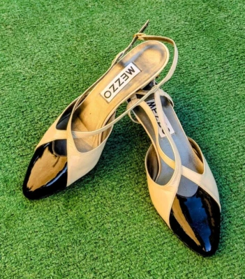 Vintage Mezzo Ivory Colorblock Patent Cap Toe Sz6 Adj Slingback Pumps Shoes NOS - Image 1 of 4