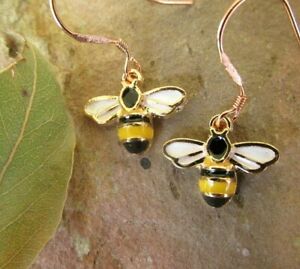 Bee enamel rose gold drop dangle earrings cute bee jewellery. 