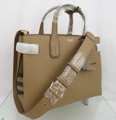 $1790 BURBERRY MD BANNER CAMEL TAN LEATHER CHECK LOGO SHOULDER MEDIUM TOTE BAG - Image 1 of 4