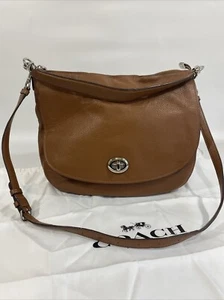Coach Pebbled Leather Turnlock Hobo Brown Silver Accents Crossbody Shoulder 13” - Picture 1 of 19