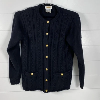 Talbots Sweater Womens Small Black Wool Cable Knit Cardigan Gold Button Classic - Image 1 of 4