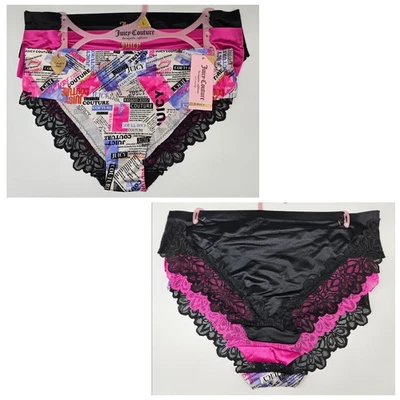 Calcinha feminina JUICY COUTURE pacote com 3 cetim M L renda atrevida preta rosa branca - Imagem 1 de 4