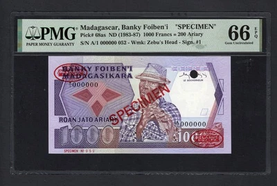 Madagascar 1000 Francs = 200 Ariary ND(1983-87) P68as Spc Uncirculated Grade 66 - Image 1 of 2