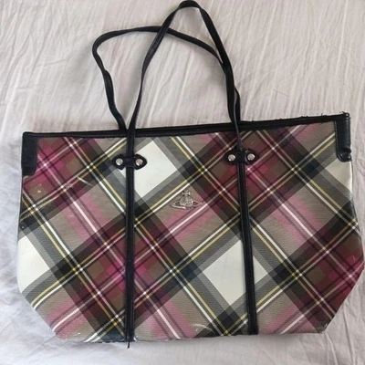 Vivienne Westwood Plaid Shoulder Bag Pink White Black Synthetic Leather Large U - Image 1 of 4