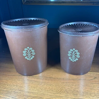 Tupperware Vintage Brown Storage Canisters Set 2 Lids Decorative Floral as is - Image 1 of 4