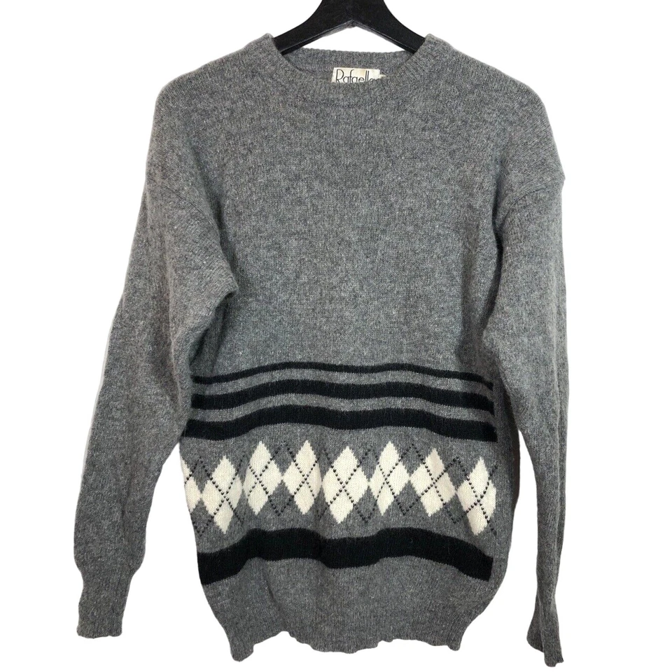 复古灰色 Argyle Lambs 羊毛安哥拉兔毛衣 Rafaella 中号黑色白色 — 第 1/4 张图片