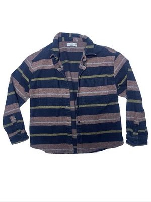 Zara Girls Size 13/14 CM164 navy blue, pink, and yellow striped flannel shirt - Image 1 of 4