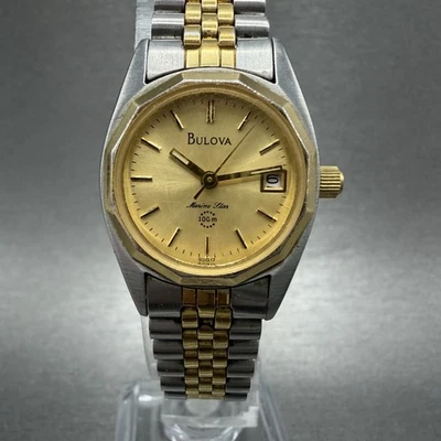 Bulova Marine Star Watch Women 24mm Gold Dial Two Tone Date Round New Battery AB - Image 1 of 4