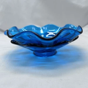 Viking Glass EPIC Bluenique Wave Bowl Double Crimped Footed Dish VTG MCM 8" EUC - Picture 1 of 11