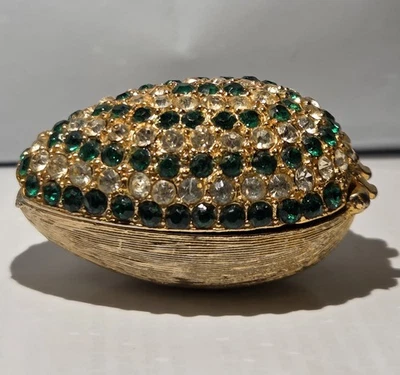 Vintage Egg shaped Diamond Emerald Rhinestone spring loaded Pill Box Trinket  - Image 1 of 4