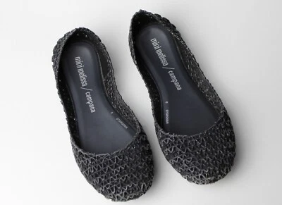 NUEVO Defectos Mini Melissa Campana Negro Brillo Papel Zapatos Sin Cordones 1 Juvenil/32 EU Foto 1 de 4
