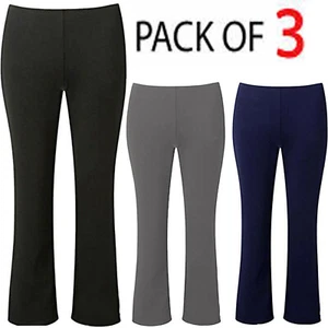 PACK OF 3 WOMEN ELASTICATED BOOTCUT TROUSER BOOTLEG FLARE STRETCH PULL ON PANTS - Picture 1 of 3