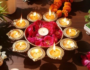 14" Diya Flower Decorative Urli Bowl Home Handicraft Diwali Tea Light Candles - Picture 1 of 3