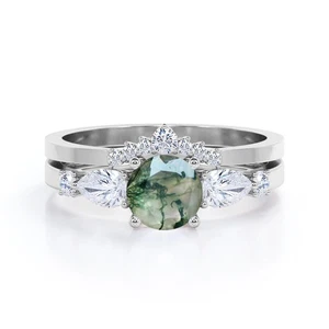 925Sterlingsilver Contour Crown 0.8CT Round Moss Agate & Moissanite Ring for Her - Picture 1 of 8