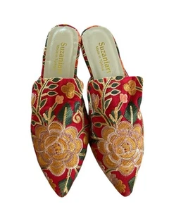 Handmade Embroidered Silk Rose Mules Slippers Shoes 39 - 8.5 Made in Turkey New - Picture 1 of 6