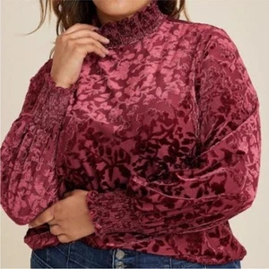 Maurices Womens Burgundy Velvet Burnout Smocked Neck Top Size XL Holiday Vamp - Picture 1 of 12
