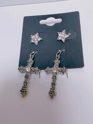 2 Paar Gothic Vintage Ohrringe Kreuz mit Glitzerstein Halloween Party Sterne - Bild 1 von 3