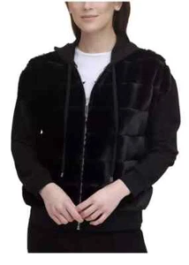 New DKNY Women's Faux Fur Mixed Media Hooded Zip Jacket size L Black - Picture 1 of 11