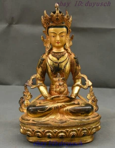13" Old Tibet Buddhism Bronze Gilt Amitayus longevity God Goddess Buddha Statue - Picture 1 of 12
