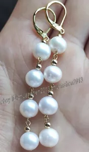 Pendientes colgantes de perlas cultivadas de Akoya blancas naturales de 7-10 mm con cierre de palanca de oro - Imagen 1 de 2