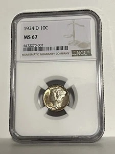 1934 D 10C NGC MS 67 Mercury Silver Dime, GEM++ Uncirculated Better Date Coin - Picture 1 of 2