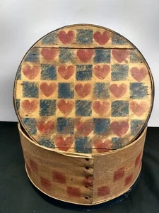 Vintage Folk Art Hand Painted Hearts Checkered Red Shaker-Style Round Wooden Box - Picture 1 of 13