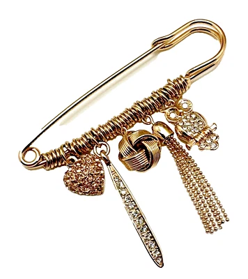 BELLA JACK Safety Pin Rhinestone Charm Brooch Gold Tone w/ Owl Heart Dangles - Image 1 of 4