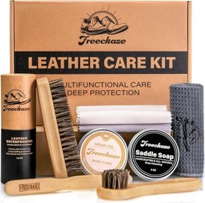 Leather Boot Care Kit-9 PC Saddle Soap,Mink Oil,Waterproofing Wax,Shoe Brushes - Picture 1 of 7