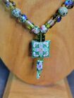 Handmade Green Cloisonne Necklace With Rhinestone Glass And Jasper Beads