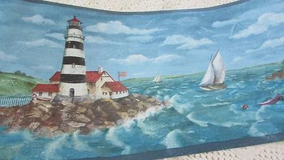 NIP Package Vymura Lighthouse Ship Pre-paste vinyl Wallpaper Border 5 yd 3 avail - Image 1 of 4