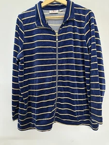 Quacker Factory Navy Striped Women's Lurex Knit Velvet Zip Front Jacket Size L - Picture 1 of 9