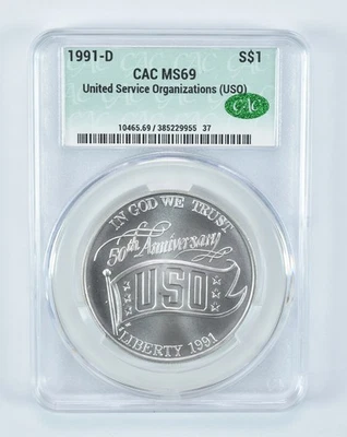 1991-D USO Commemorative Silver Dollar MS69 CAC CACg *1683 - Image 1 of 4