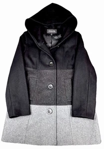 Women’s NWOT Wool Coat Size L Black Gray Lined Colorblock Academia Trilogi - Picture 1 of 6