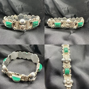 Pulsera de eslabones con panel de ónix verde vintage de plata de ley .925 gruesa de 7" de México - Imagen 1 de 7