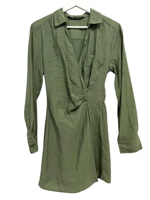 Zara Dress Womens XS Green Short Collared Wrap Shirt Dress Long Sleeve Twist - Image 1 of 4