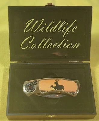 Faca para colecionadores de vida selvagem em estojo acrílico dourado com fotos de veados na alça - Imagem 1 de 4