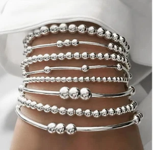 Stretch Bracelet Set Boho Bead Silver Alloy Vintage Jewelry Accessories 8pc - Picture 1 of 5