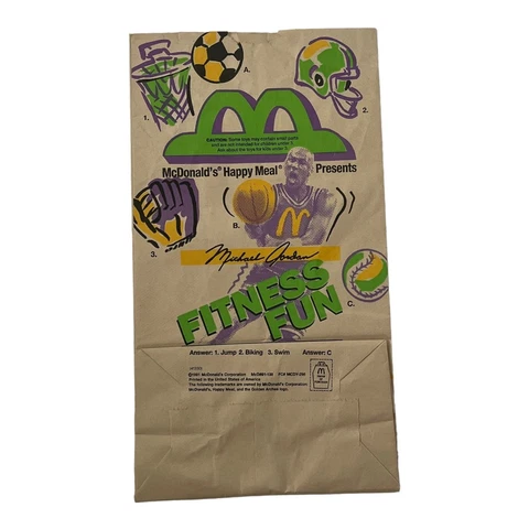 Michael Jordan McDonald's 11" X 6" Vintage Bag 1991 Fitness Fun Cover