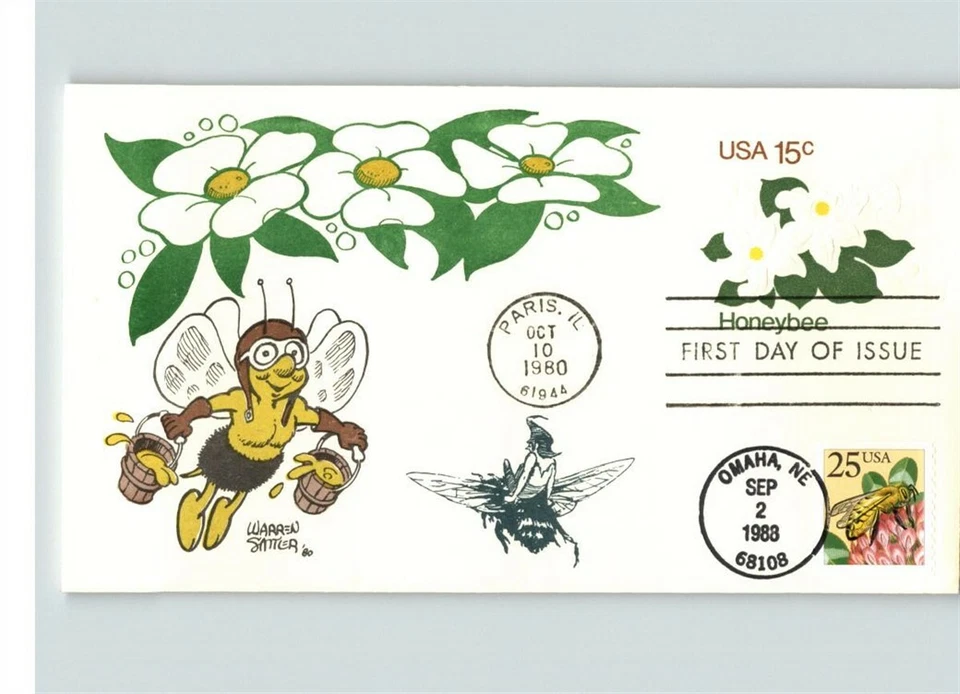 HONEY BEE, Dual FDCS, 1980 Stamped envelope + 1988 First Day of Issue, Cartoon B - Image 1 of 1