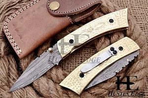 HUNTEX Custom Handmade Damascus 110 mm Long Brass Hunting Folding Pocket Knife - Picture 1 of 7