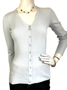 Sisley Cardigan Sweater Pointelle V-Neck Long Sleeve Italy Blue Size X-SMALL - Picture 1 of 10
