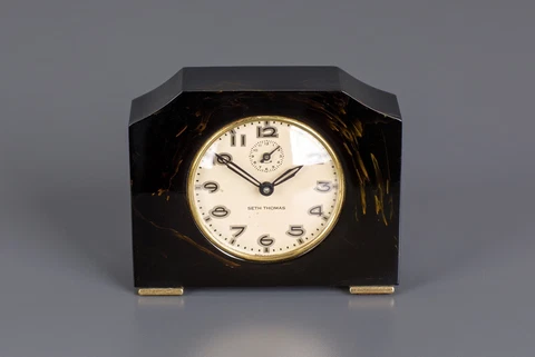 Deco Seth Thomas Catalin / Bakelite Alarm Clock - Black with Yellow Swirls Cover