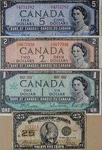 CANADA FOUR NOTES LOT FROM 1923 - 1967 $025 - $5 CIRCULATED NO RESERVE - Picture 1 of 1