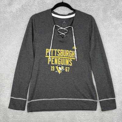 Pittsburgh Penguins Adidas T-Shirt Women’s Gray Long Sleeve Lace Up Tie NHL Logo - Image 1 of 4