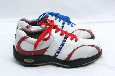 Ecco Golf Shoes Womens Size EU37 US 6-6.5 White Red Blue Leather Spikes USA FLAG - Image 1 of 4