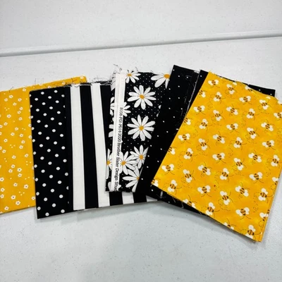 fabric quilting 6 fat quarter bundle yellow black bees stripe dots daisy cotton - Image 1 of 4
